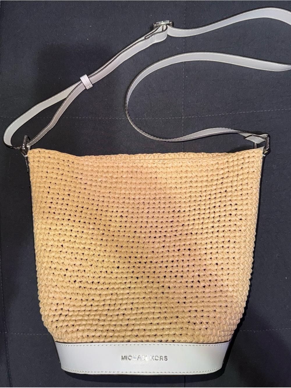 Michael Kors White & Tan Woven Crossbody Bucket Bag